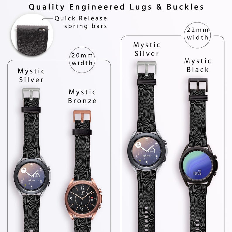 May include: Three different watch bands with a black and white wavy pattern. The bands are 20mm wide and are shown on three different smartwatches. The watch bands are labeled "Mystic Silver", "Mystic Bronze", and "Mystic Black".