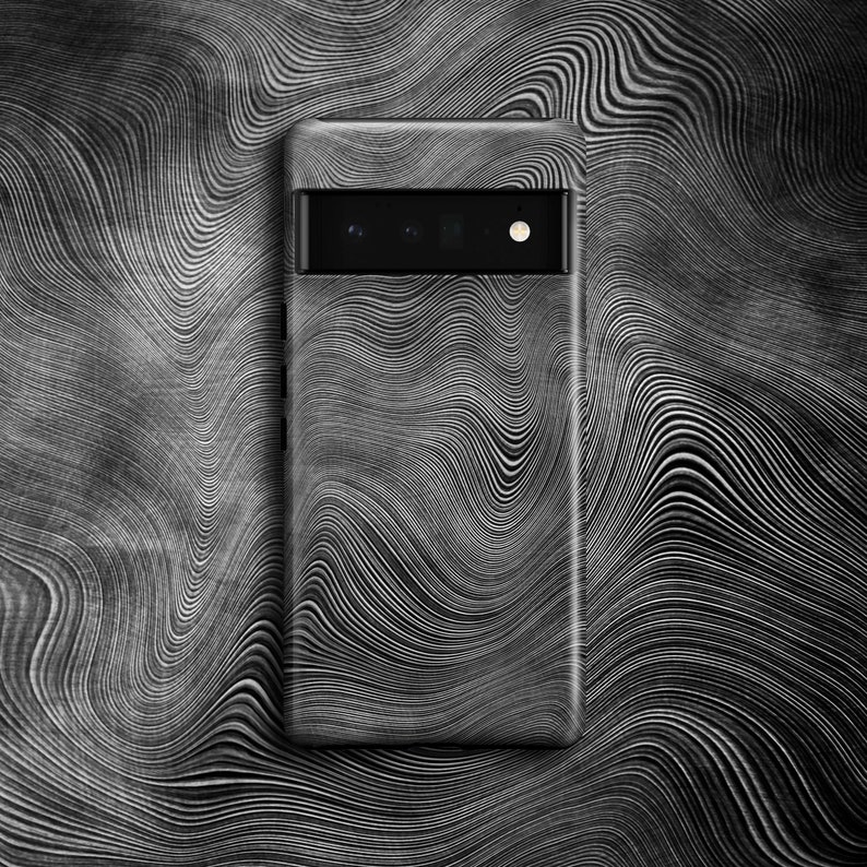 May include: A black smartphone with a wavy, abstract pattern on the back. The phone has a black camera module with three lenses.