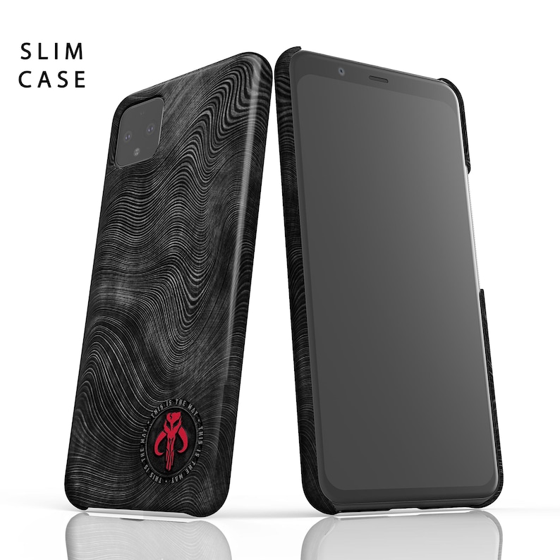 May include: A black phone case with a wavy pattern and a red Mandalorian symbol. The case is designed to fit a slim phone. The text "This is the way" is printed around the symbol.