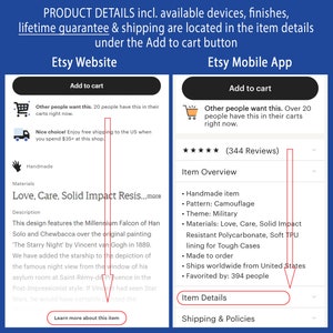 Puede incluir: Una ficha de producto para una funda de tel&eacute;fono con un patr&oacute;n de camuflaje. La funda est&aacute; hecha de policarbonato con un forro de TPU suave para protecci&oacute;n. La ficha de producto incluye detalles sobre el producto, como los materiales utilizados, las opciones de env&iacute;o y las rese&ntilde;as. La ficha de producto tambi&eacute;n incluye una descripci&oacute;n del producto, que indica que es un art&iacute;culo hecho a mano y que se hace por encargo.