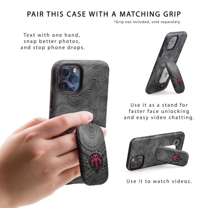 May include: A black phone case with a textured design. The case has a built-in kickstand that can be used to prop up the phone for watching videos or video chatting. The case also has a cutout for the phone's camera.