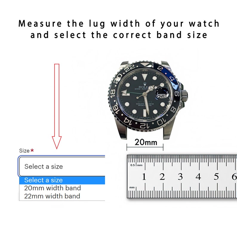Op de afbeelding: Een zwart en zilveren horloge met een zwarte wijzerplaat en witte cijfers. Het horloge heeft een lugbreedte van 20 mm. Onder het horloge is een liniaal afgebeeld om de lugbreedte te meten.
