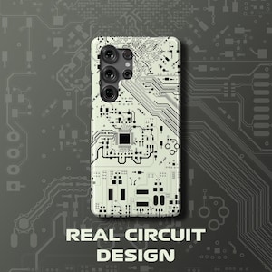 May include: A smartphone case with a circuit board design. The case is off-white with black circuit patterns and a camera array. The background is a gray circuit board pattern. The text "REAL CIRCUIT DESIGN" is at the bottom.