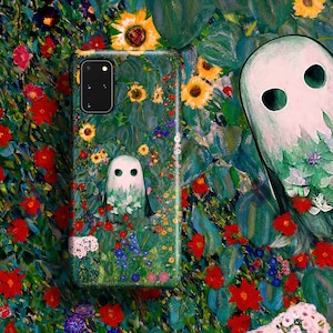 Halloween Phone Case Farm Garden with Sunflowers and Ghost - For Samsung Galaxy S25 Ultra S24 Plus S23 S22 S21 Floral Spooky Cute Klimt