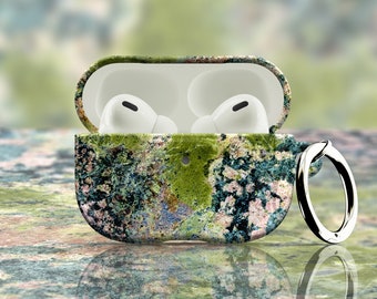Pink Green Granite AirPods Case - For Apple AirPods 1 & 2, AirPods Pro, Marble Air Pod Cover with Metal Carabiner Keychain Ring Marbled