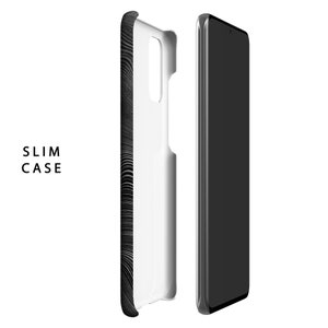 May include: A black and white phone case with a slim design. The case is shown with a black phone inside.