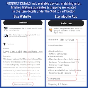 K&ouml;nnte beinhalten: Etsy-Produktliste f&uuml;r eine Handyh&uuml;lle mit Tarnmuster und dem Text "Love, Care, Solid Impact Resistant Polycarbonate, Soft TPU lining for Tough Cases". Die Produktliste enth&auml;lt Details zum Produkt, wie z. B. die verwendeten Materialien, die Versandoptionen und die Bewertungen. Die Produktliste enth&auml;lt auch einen Button "Mehr &uuml;ber diesen Artikel erfahren".