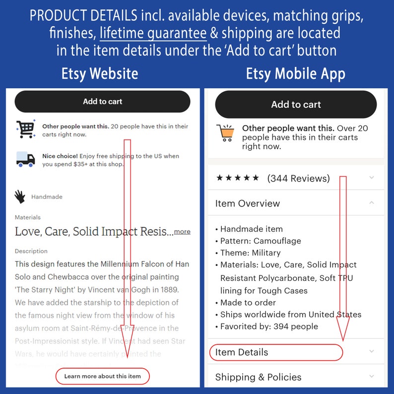 K&ouml;nnte beinhalten: Etsy-Produktliste f&uuml;r eine Handyh&uuml;lle mit Tarnmuster und dem Text "Love, Care, Solid Impact Resistant Polycarbonate, Soft TPU lining for Tough Cases". Die Produktliste enth&auml;lt Details zum Produkt, wie z. B. die verwendeten Materialien, die Versandoptionen und die Bewertungen. Die Produktliste enth&auml;lt auch einen Button "Mehr &uuml;ber diesen Artikel erfahren".