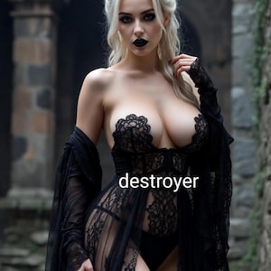 May include: A woman with pale skin and platinum blonde hair, wearing a black lace outfit with the word "destroyer" in white text. The outfit includes a sheer robe and a lace bodice. The background is a stone structure.