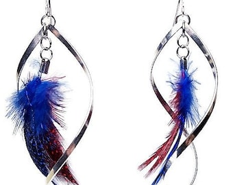 Natural Feather Earrings in Warm red & blue