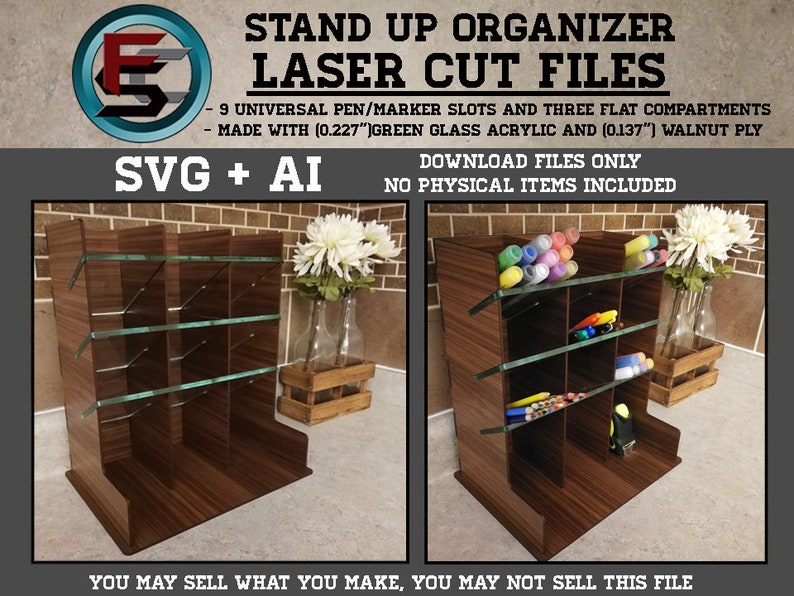 Puede incluir: Un organizador cortado con l&aacute;ser hecho de acr&iacute;lico de vidrio verde y madera de nogal. Tiene nueve ranuras universales para bol&iacute;grafos/marcadores y tres compartimentos planos. El organizador se muestra con bol&iacute;grafos y marcadores en las ranuras. El texto "SVG + AI" y "Descargar archivos solamente" es visible en la imagen. El texto "No se incluyen art&iacute;culos f&iacute;sicos" tambi&eacute;n es visible en la imagen.