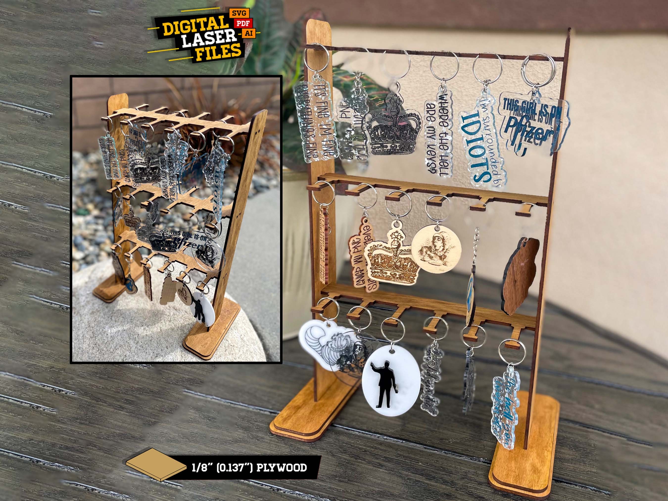 3 Tier Keychain Stand SVG + Ai Laser Cut Files -- INSTANT DOWNLOAD
