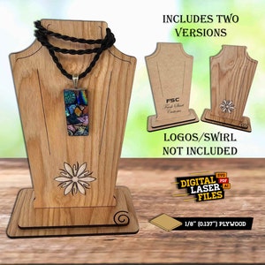 May include: Two versions of a wooden necklace display stand, one with a simple design and the other with a flower design. The stand is made of 1/8 inch plywood. The text "INCLUDES TWO VERSIONS", "FSC", "LOGOS/SWIRL NOT INCLUDED", "DIGITAL LASER FILES", and "1/8" (0.137") PLYWOOD" is visible in the image.