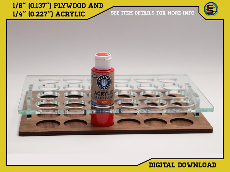 May include: A paint rack made of 1/8 inch plywood and 1/4 inch acrylic with 24 round slots for paint bottles. A red acrylic craft paint bottle is sitting in one of the slots.