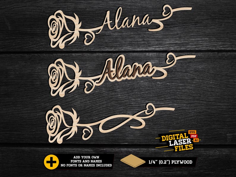 Wooden Rose With Optional Name SVG + Ai Laser Cut Files -- INSTANT ...