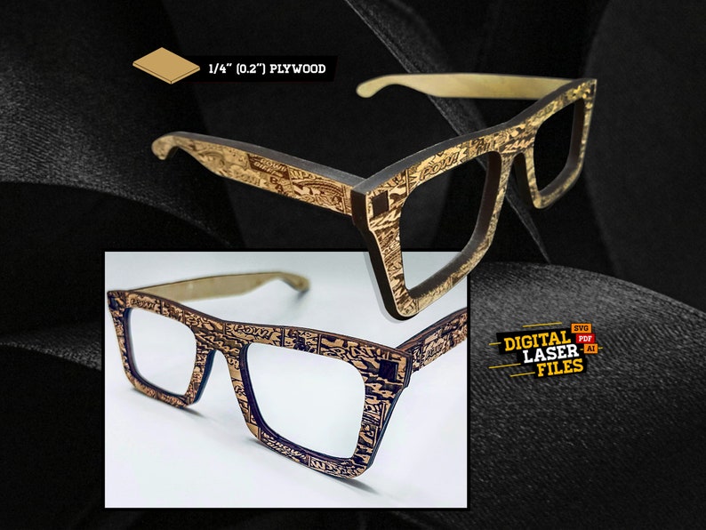 Puede incluir: Un par de gafas de corte l&aacute;ser hechas de madera contrachapada de 1/4 de pulgada (0,2" ). Las gafas tienen un marco negro con un patr&oacute;n detallado y lentes transparentes. La imagen incluye el texto "DIGITAL LASER FILES" y los formatos de archivo SVG, PDF y AI.
