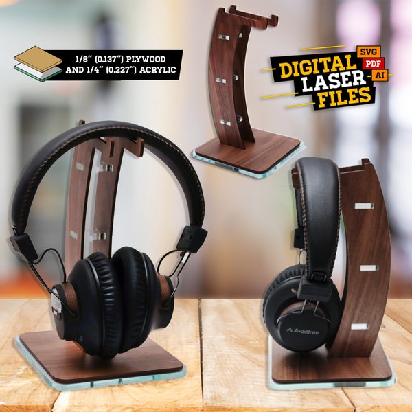 Headphone Stand SVG + Ai Laser Cut Files -- INSTANT DOWNLOAD