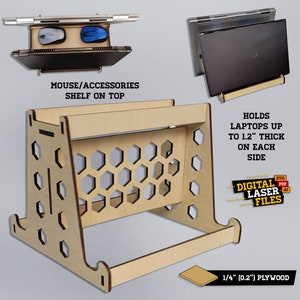 Puede incluir: Un soporte de madera con un diseño de panal para sostener dos portátiles de hasta 3 cm de grosor. El soporte tiene un estante en la parte superior para un ratón u otros accesorios. El soporte está hecho de madera contrachapada de 6 mm. "DIGITAL LASER FILES" está impreso en el soporte.