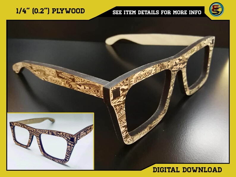 Puede incluir: Un par de gafas de estilo c&oacute;mic negro y marr&oacute;n hechas de madera contrachapada de 1/4 de pulgada (0,6 cm). Las gafas tienen una montura cuadrada y est&aacute;n dise&ntilde;adas para ser usadas. Las gafas son una descarga digital.