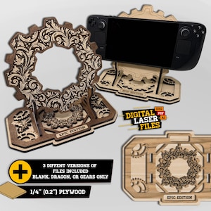 May include: Wooden laser-cut gaming console stands and accessories. The stands feature intricate gear and floral designs. The image includes a console, a stand with a console, and a flat piece with a gear design. Text on the image says "Digital Laser Files" and "Epic Edition".