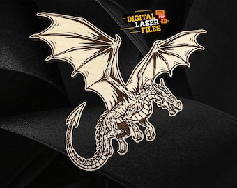 May include: Wooden dragon cut-out with detailed engraving. The dragon has large wings and a long tail. The text "DIGITAL LASER FILES" is in the upper right corner. The dragon is light brown and the background is black.