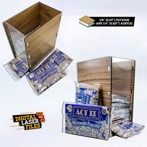 Op de afbeelding: Een houten doos met een transparante acrylglasfront, ontworpen om zakken met magnetronpopcorn te bewaren. De doos is gemaakt van 1/8 inch multiplex en 1/4 inch acryl. De doos is gevuld met zakken met Act II magnetronpopcorn. De afbeelding bevat de tekst "DIGITAL LASER FILES" en "ACT II Microwave Popcorn".