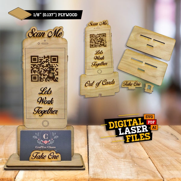 Scan Me Stand With Card Holder SVG + Ai Laser Cut Files -- INSTANT DOWNLOAD