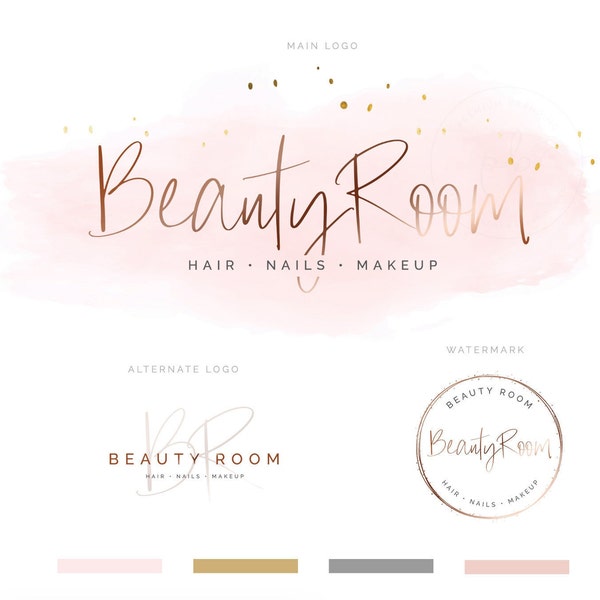 Logo beauté, logo artiste maquilleur, kit de marque aquarelle or rose, logo salon de beauté, logo photographie, logo boutique, logo artiste cils