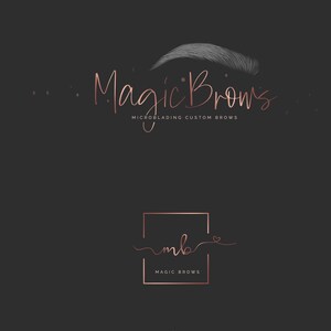 May include: A logo for a business called "Magic Brows" that specializes in microblading. The logo features a stylized eyebrow with the business name written in cursive script. The text "Microblading Custom Brows" is written below the eyebrow. A smaller logo with the initials "mb" is also shown in a square frame with the text "Magic Brows" below it.
