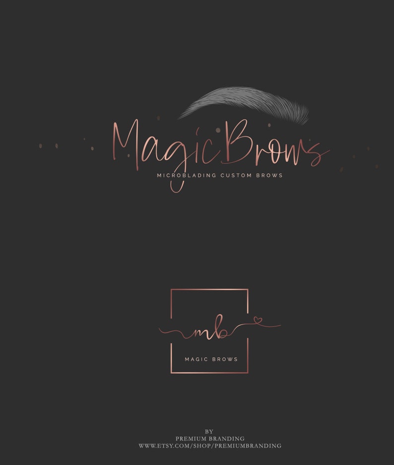 May include: A logo for a business called "Magic Brows" that specializes in microblading. The logo features a stylized eyebrow with the business name written in cursive script. The text "Microblading Custom Brows" is written below the eyebrow. A smaller logo with the initials "mb" is also shown in a square frame with the text "Magic Brows" below it.