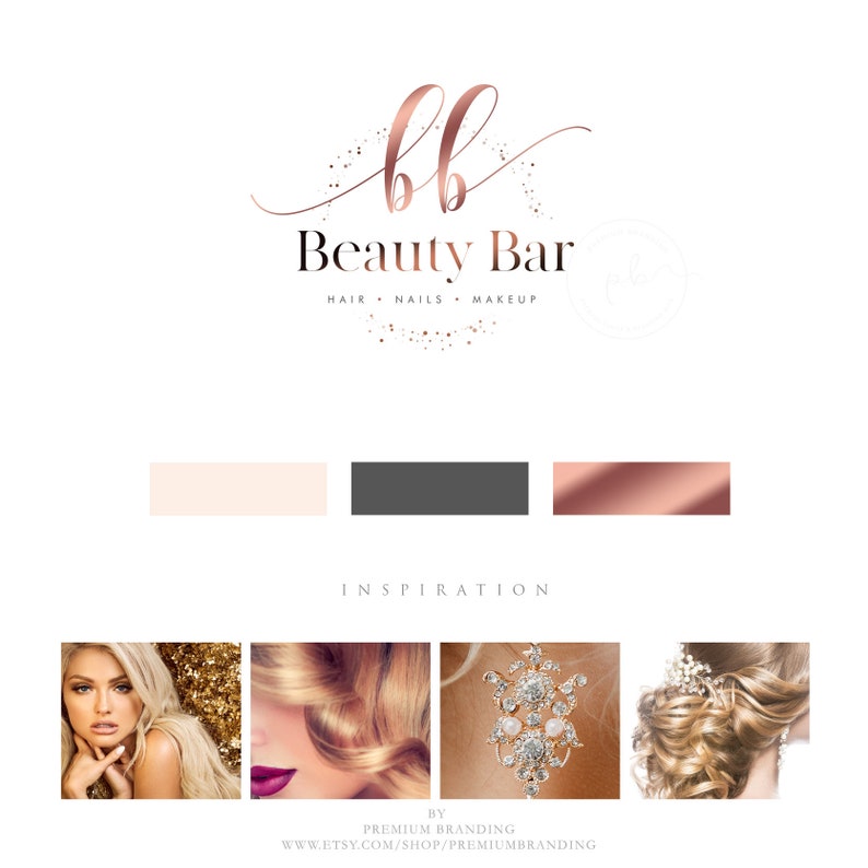May include: Rose gold logo for a beauty bar, featuring the initials "bb" in a cursive font, with the words "Beauty Bar" below. The logo includes the words "Hair, Nails, Makeup". Below are color swatches and beauty inspiration images.