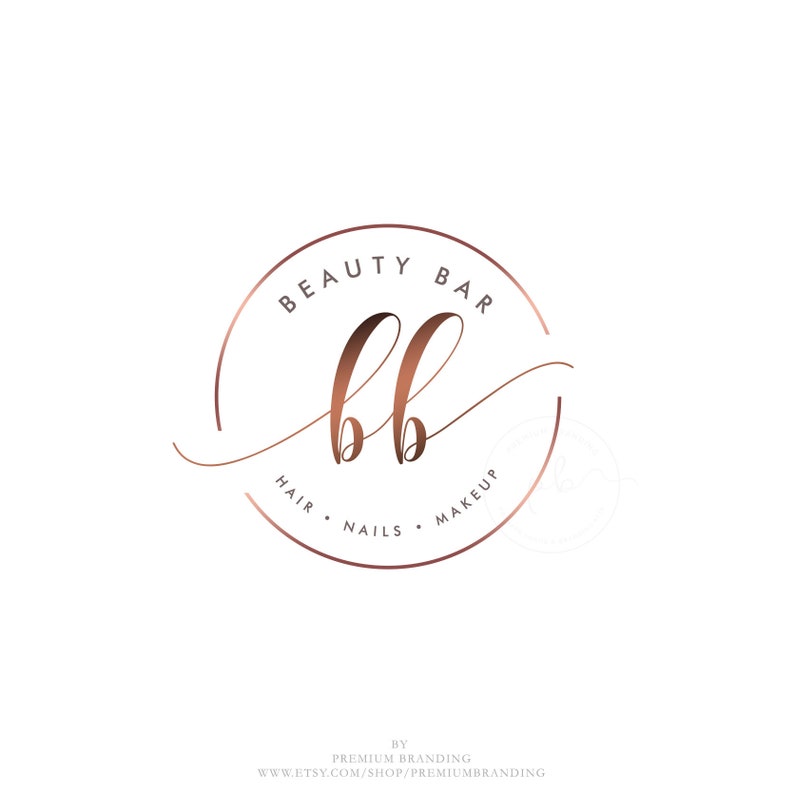 May include: A rose gold logo for a beauty bar, featuring the words "Beauty Bar" in a circular design. The logo includes the letters "bb" in a cursive font, with the words "Hair, Nails, Makeup" below.