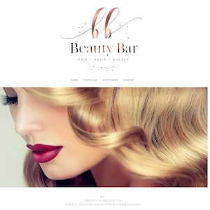 May include: A beauty bar logo with rose gold lettering and a woman with blonde hair and red lipstick. The logo includes the words "Beauty Bar" and the services offered: Hair, Nails, and Makeup.