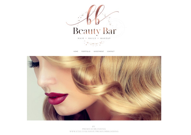 May include: A beauty bar logo with rose gold lettering and a woman with blonde hair and red lipstick. The logo includes the words "Beauty Bar" and the services offered: Hair, Nails, and Makeup.