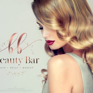 May include: A beauty bar logo with the initials "bb" in a rose gold script, with the words "Beauty Bar" below. The image features a woman with wavy blonde hair, red lipstick, and a light green top. The text below the logo says "Hair, Nails, Makeup".