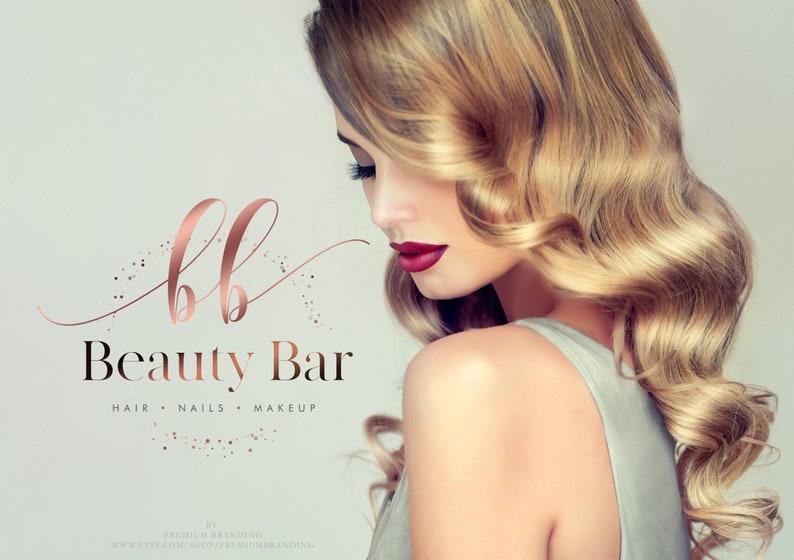 May include: A beauty bar logo with the initials "bb" in a rose gold script, with the words "Beauty Bar" below. The image features a woman with wavy blonde hair, red lipstick, and a light green top. The text below the logo says "Hair, Nails, Makeup".