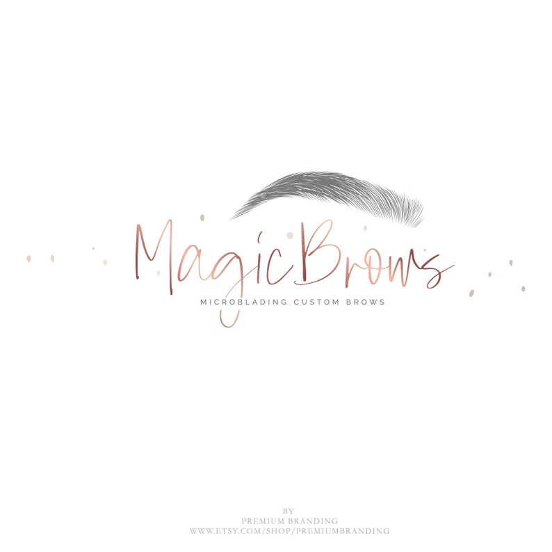 May include: A logo for a business called "Magic Brows" that specializes in microblading and custom brows. The logo features a stylized eyebrow with a rose gold color scheme.