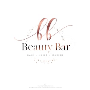 May include: A rose gold logo for a beauty business, featuring the letters "bb" in a cursive script above the words "Beauty Bar." Below, the text "HAIR &bull; NAILS &bull; MAKEUP" is displayed. The logo is set against a white background with scattered glitter.