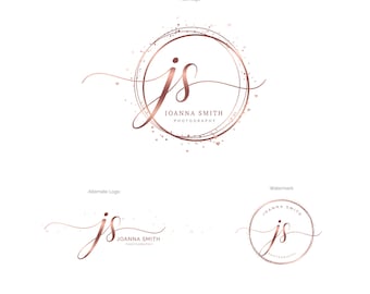May include: A rose gold logo design with the initials "JS" in a script font inside a circle with a delicate, dotted line. The text "JOANNA SMITH PHOTOGRAPHY" is below the circle.