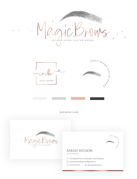 Microblading & Custom Brows Rose Gold Logo, PMU Brow Artist Branding Kit, Permanent makeup beauty Logo, Makeup Artist Logo design kit