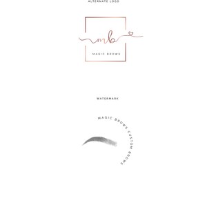 May include: A logo design for a business called "Magic Brows". The logo features a handwritten script of "mb" with a heart symbol and a square frame. The text "Magic Brows" is written below the script.