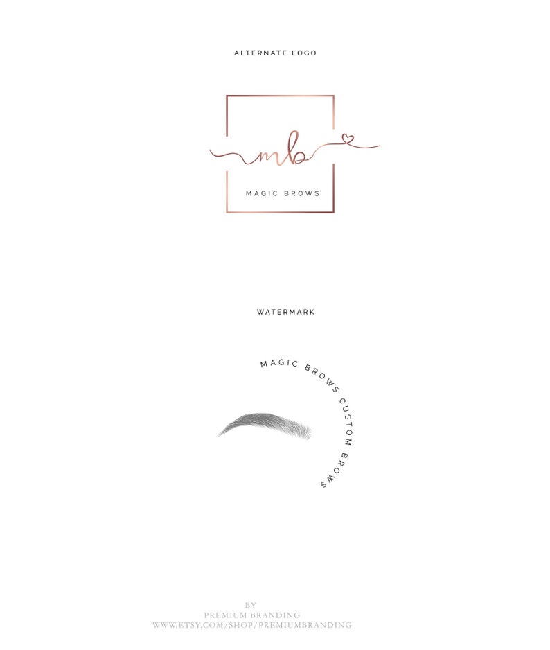 May include: A logo design for a business called "Magic Brows". The logo features a handwritten script of "mb" with a heart symbol and a square frame. The text "Magic Brows" is written below the script.