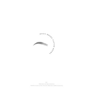 May include: A logo for a business called "Magic Brows Custom Brows". The logo features a stylized eyebrow in gray and the business name in a circle.