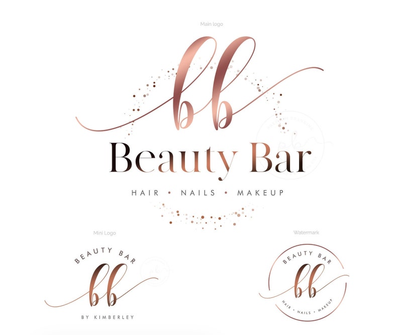 May include: A rose gold logo design for a beauty bar, featuring the initials "bb" in a flowing script above the words "Beauty Bar." The design includes the words "Hair, Nails, Makeup" and a smaller circular logo.
