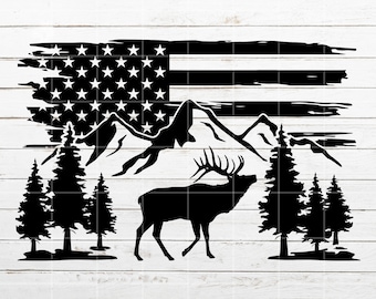 Elk SVG, Mountain Nature Scene SVG, Hunting svg, Distressed American flag SVG, Camping svg Cut File for Cricut, Silhouette, Laser Engraving