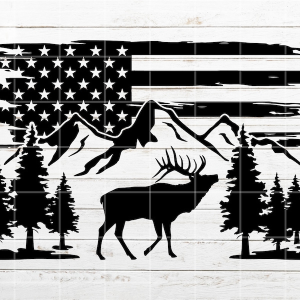 Elk SVG, Mountain Nature Scene SVG, Hunting svg, Distressed American flag SVG, Camping svg Cut File for Cricut, Silhouette, Laser Engraving