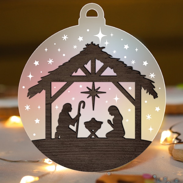 Nativity Scene Christmas Ornament Glowforge SVG, Laser Cut File, Snowlake svg, O Holy Night Acrylic ornaments multi-layer for CNC machine