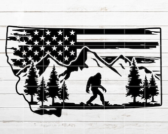 Bigfoot Mountain Montana SVG, Distressed American Flag svg, Camping svg, Nature Scene SVG, Sasquatch svg, Silhouette Laser Engraving File