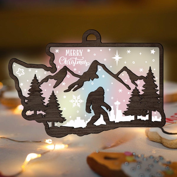 Bigfoot Washington State Mountain Christmas Ornament SVG Glowforge, Acrylic Wood multi-layer Laser Cut File for CNC machine