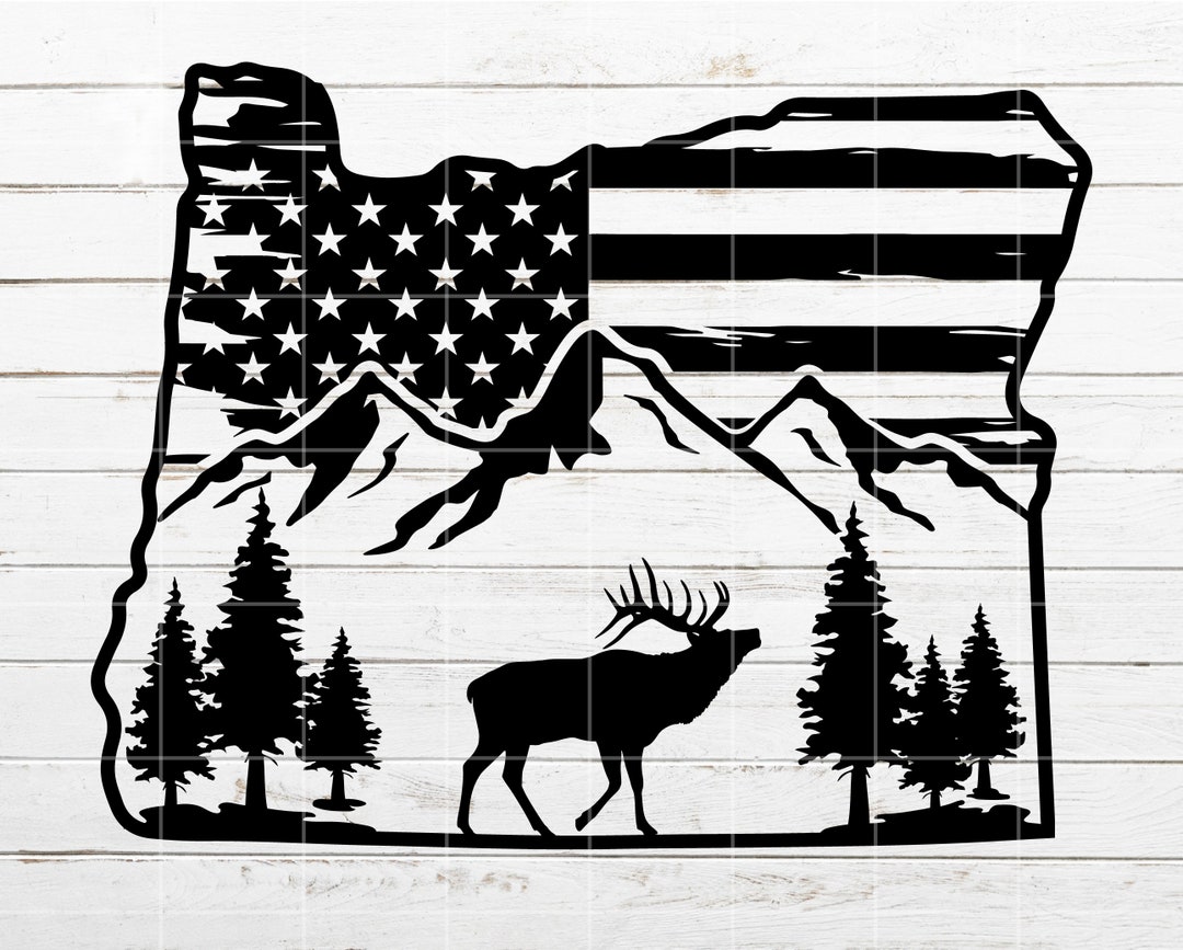 Oregon Mountain Flag SVG, Elk Nature Scene SVG, Hunting Svg, Distressed